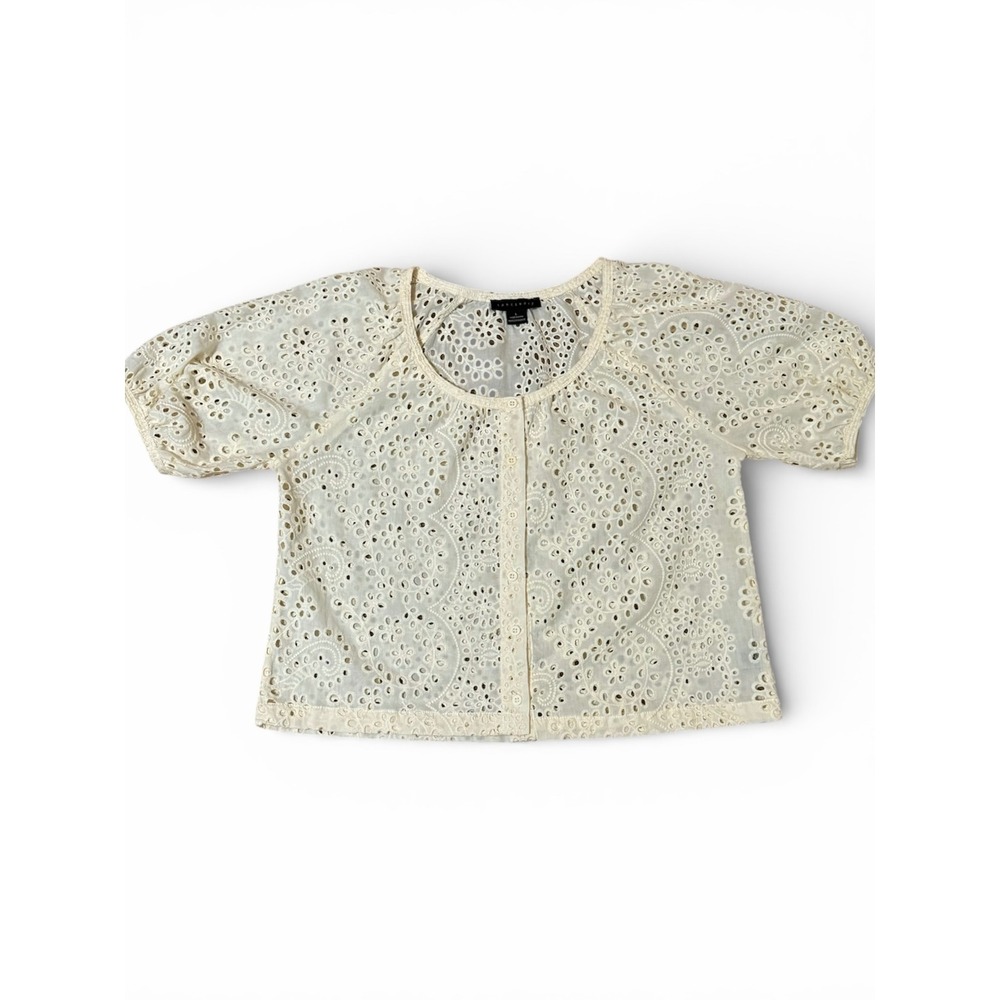 Sanctuary Embroidered Eyelet 100% Cotton‎ Puff Sleeve Scoop Neck Blouse Top L